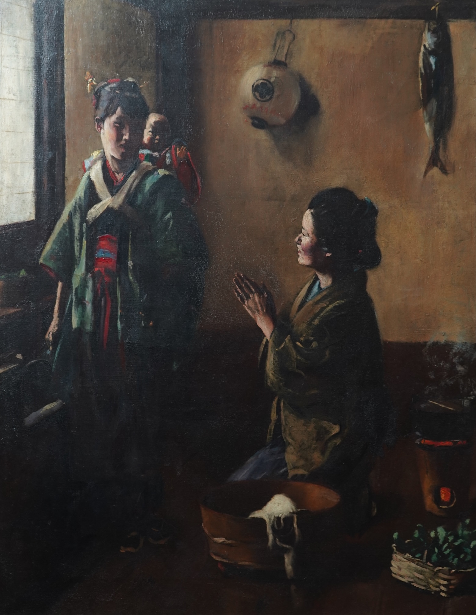 Attributed to Goseda Yoshimatsu, Japanese 1855-1915, A kneeling woman greeting a mother and child in an interior